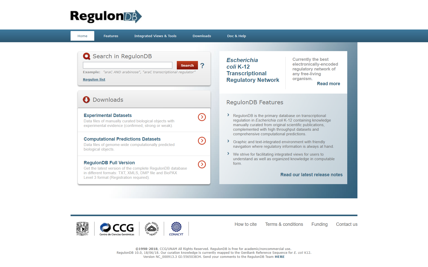 Página principal de RegulonDB (http://regulondb.ccg.unam.mx)